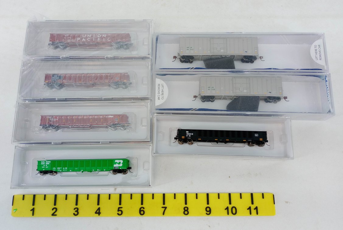 7 TRAINWORX N SCALE 52' GONDOLAS & FLEXI-VANS, UNION PACIFIC, NS, BN, MFVX, 7 OBS  INV 263332051