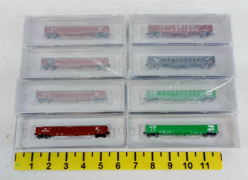 8 N SCALE 52' GONDOLAS NORFOLK SOUTHERN, BN, CONRAIL & UNION PACIFIC, 8 OBS  INV 263332052
