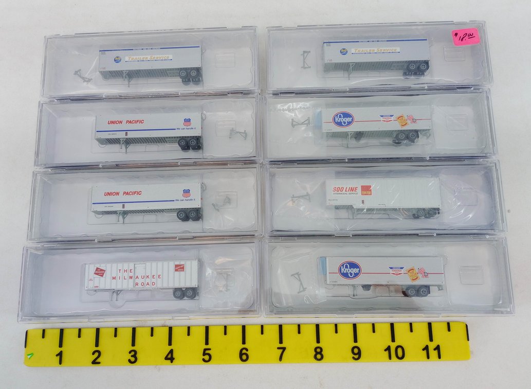 8 TRAINWORX N GAUGE 40FT TRAILERS UNION PACIFIC, KROGER, B&O, MILWAUKEE, SOO LINE, 8 OBS  INV 263332050