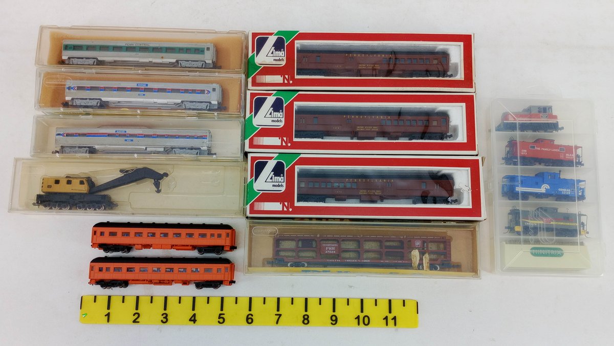14 ASSORTED N GAUGE LIMA MINITRIX AHM PENNSYLVANIA AMTRAK CABOOSES & PASSENGER CARS SOME OBS  INV 263332054