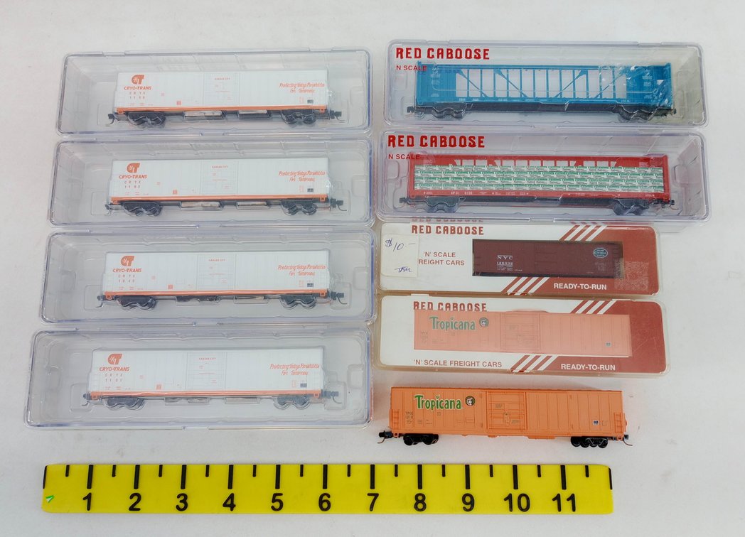 9 RED CABOOSE N SCALE CRYO-TRANS, TROPICANA, NYC & CENTERBEAM CARS, 8 OBS  INV 263332053