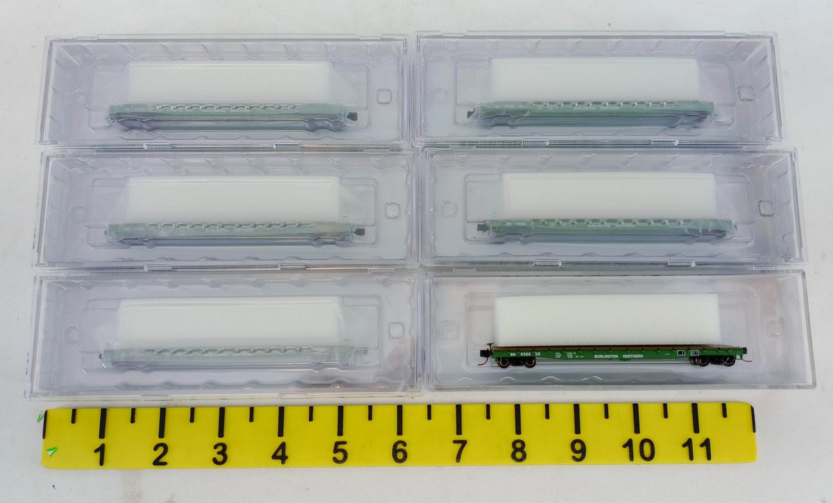 6 WHEELS OF TIME N SCALE BURLINGTON NORTHERN 53'-6" FLATCARS, 6 OBS  INV 263332056