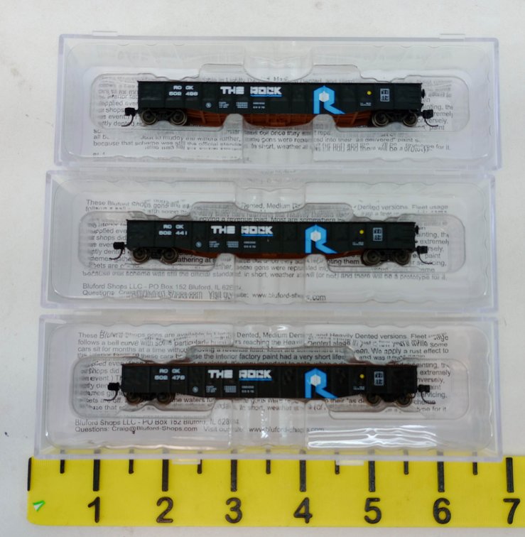 3 BLUFORD SHOPS N GAUGE 52071 52074 52075 THE ROCK 52'6" MILL GONDOLAS, 3 OBS  INV 263332062