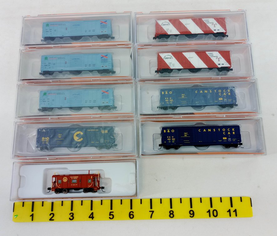 9 FOX VALLEY MODELS N SCALE BOXCARS, CANSTOCK CARS & B&O CABOOSE, 9 OBS  INV 263332066