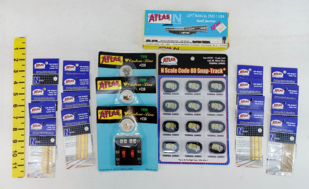 ASSORTED ATLAS N SCALE GRADE CROSSINGS, TERMINAL JOINERS & SWITCH CONTROLS, OBS  INV 263332106