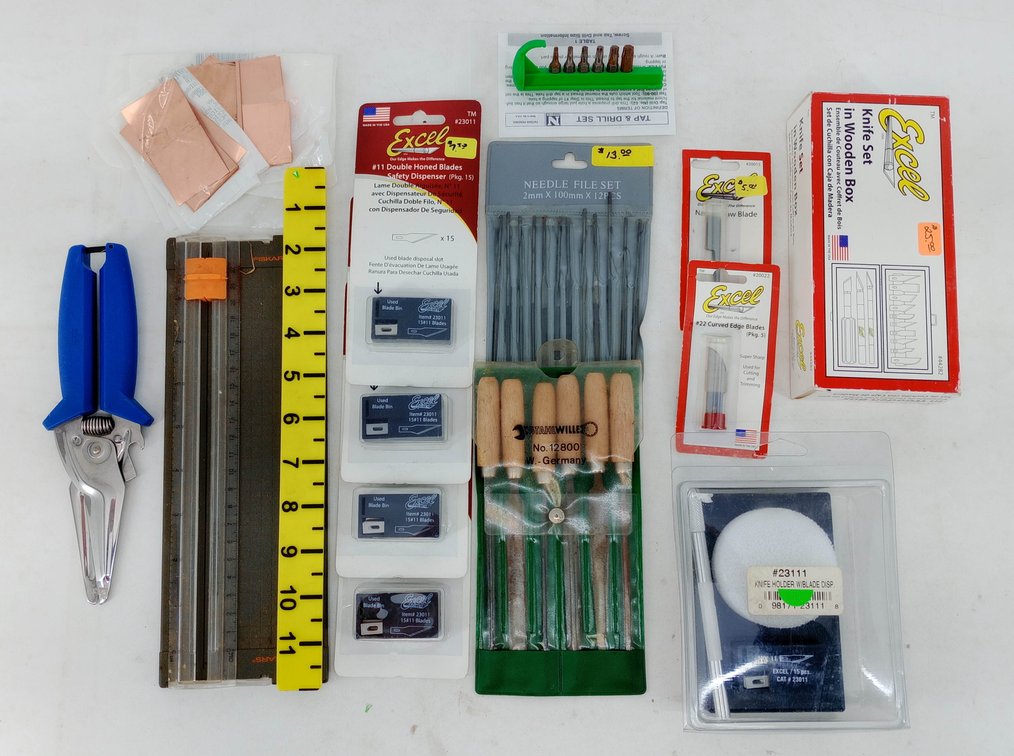 ASSORTED HOBBY TOOLS EXCEL KNIFE SET BLADES STAHLWILLE & NEEDLE FILES FISKARS TRIMMER SNIPS COPPER SHEETS SOME OBS  INV 263332120