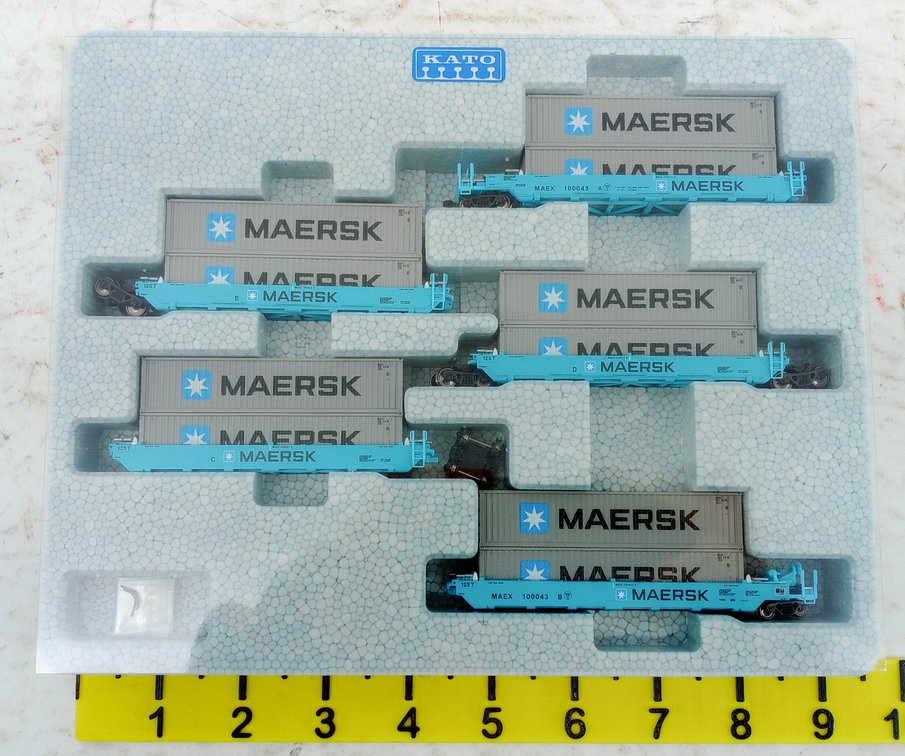 KATO 106-6199 MAERSK GUNDERSON MAXI-I DOUBLE STACK 5 CAR SET, N SCALE, OB  INV 263332134