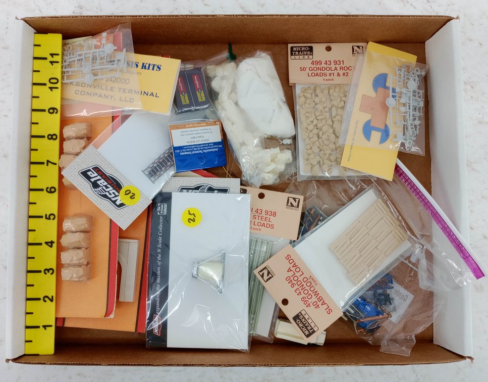 ASSORTED MICRO-TRAINS N SCALE GONDOLA LOADS & JTC CHASSIS KITS, SOME OBS NNC  INV 263332140