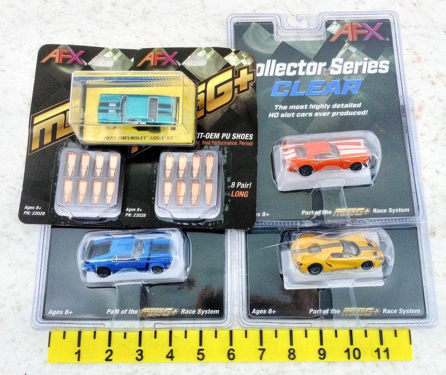 3 AFX MEGA G+ COLLECTOR SERIES HO SLOT CARS, JOHNNY LIGHTNING 1970 NOVA SS & 2 PU SHOE PACKS OB  INV 263332141