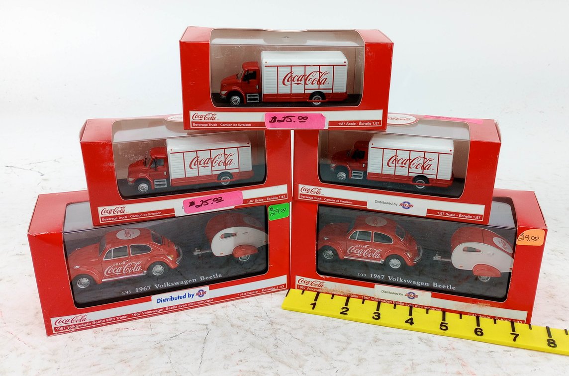 5 ATLAS COCA-COLA DIE-CAST 3 BEVERAGE TRUCKS 1:87 & 2 VW BEETLES WITH TRAILERS 1:43 5 OB  INV 263332145