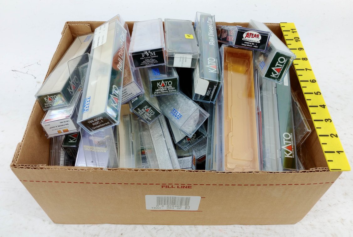 **EMPTY BOXES** ASSORTED KATO ATLAS & FOX VALLEY N SCALE RDC, PASSENGER CARS & LOCOMOTIVE  INV 263332163