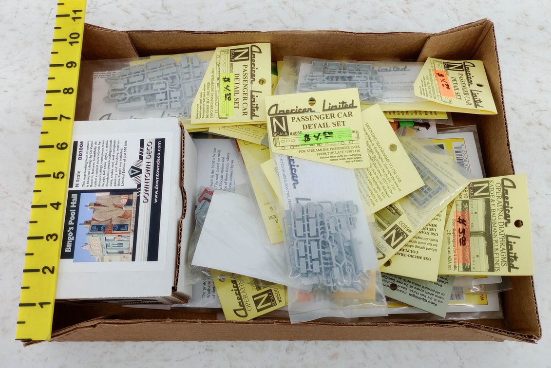 ASSORTED AMERICAN LIMITED N SCALE PASSENGER CAR DETAIL SETS & DOWNTOWN DECO BINGO'S POOL HALL KIT, SOME OBS NNC  INV 263332187