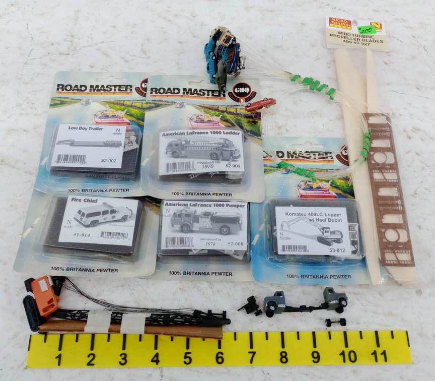 ASSORTED N SCALE ROAD MASTER FIRE TRUCKS, LOGGER & TRAILER KITS, MICRO-TRAINS BLADES, NNC  INV 263332185