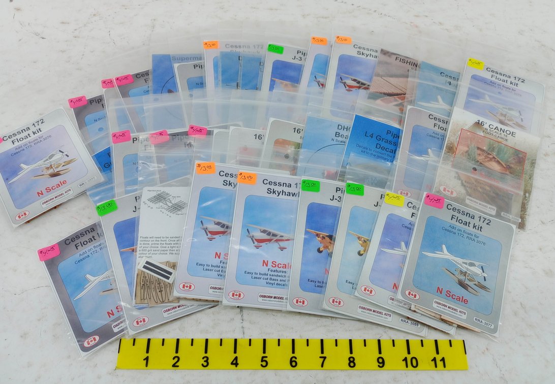 ASSORTED OSBORN MODEL KITS N SCALE CESSNA 172, PIPER J-3 & FLOAT KITS, 16' CANOE, NNC  INV 263332190