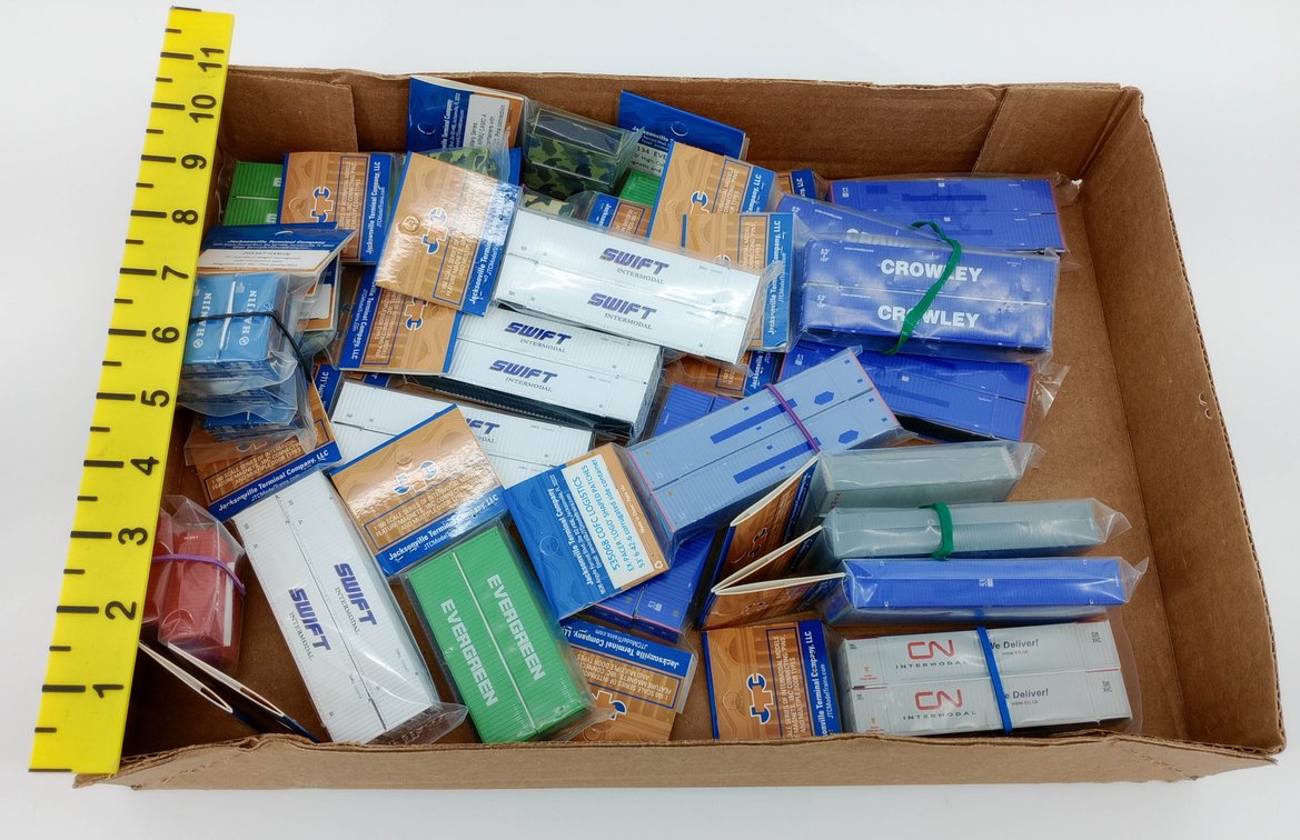 ASSORTED JTC N SCALE SWIFT, CROWLEY, EVERGREEN, CN & HANJIN INTERMODAL CONTAINERS SOME OBS  INV 263332203