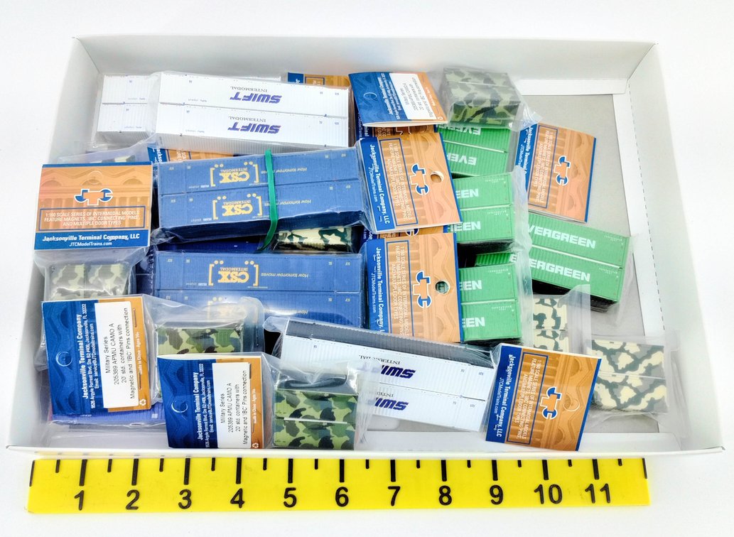 JTC N SCALE ASSORTED SWIFT, CSX & EVERGREEN INTERMODAL CONTAINERS, CAMO MILITARY SERIES  INV 263332201