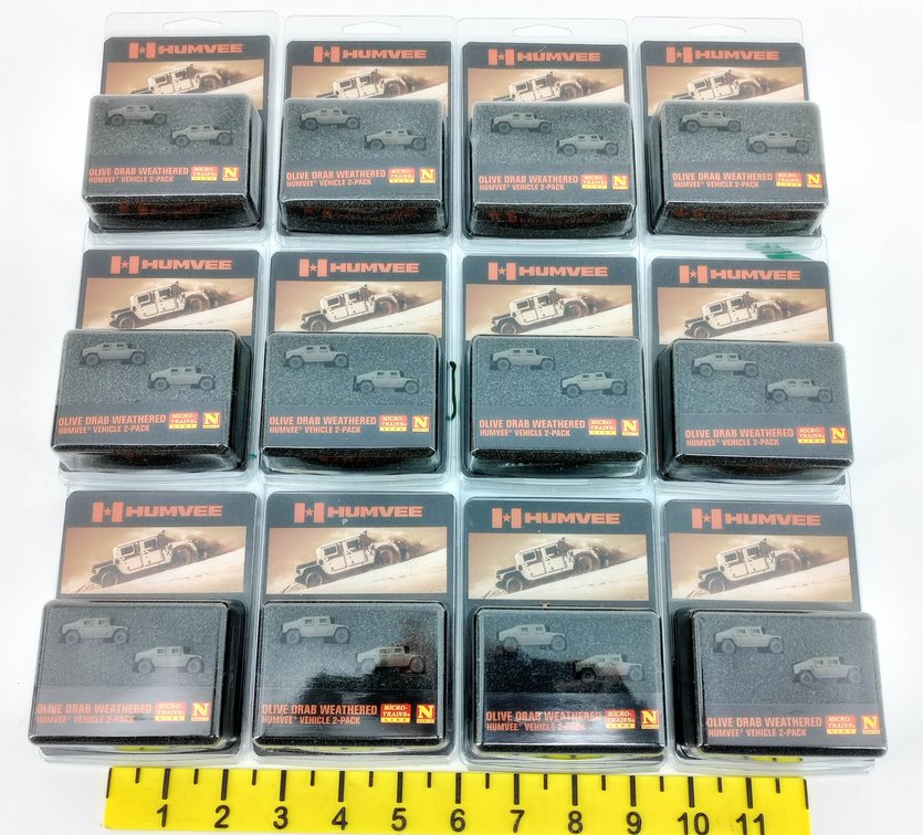 12 MICRO-TRAINS N SCALE OLIVE DRAB WEATHERED HUMVEE 2-PACKS, 12 OBS  INV 263332215