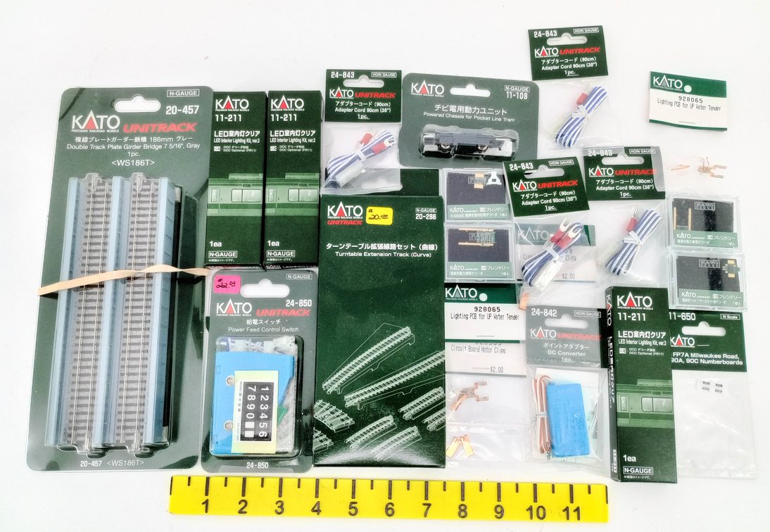 ASSORTED KATO N GAUGE UNITRACK, LIGHTING KITS, DECODERS & ADAPTER CORDS SOME OBS  INV 263332217