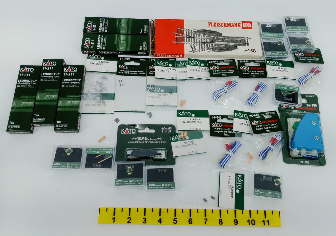 ASSORTED KATO N GAUGE LED LIGHTING KITS, DECODERS & PARTS W/ FLEISCHMANN HO 6058 SWITCH  INV 263332219