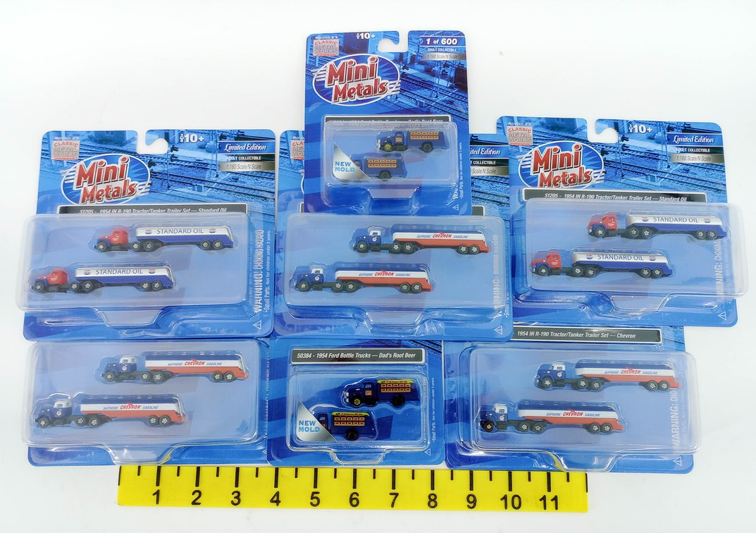 7 CLASSIC METAL WORKS MINI METALS N SCALE STANDARD OIL, CHEVRON & ROOT BEER TRUCKS, 7 OBS  INV 263332220