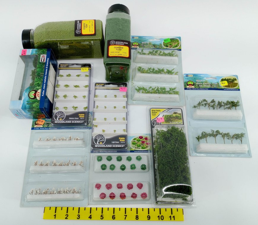 ASSORTED WOODLAND SCENICS & JTT SCENERY TURF, TUFTS, GRAPE VINES, SAPLINGS & CROPS SOME OBS  INV 263332223