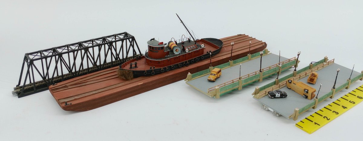 N GAUGE JAY ST CONNECTING RR TUGBOAT, BARGE, TRUSS BRIDGE & 2 ROAD BRIDGE SECTIONS W/ VEHICLES  INV 263332226