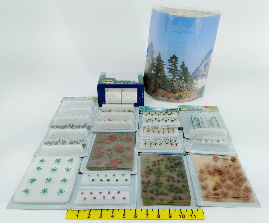 ASSORTED JTT SCENERY PRODUCTS HO SCALE VEGETABLE PLANTS, TREES & BACKDROP, SOME OBS  INV 263332227