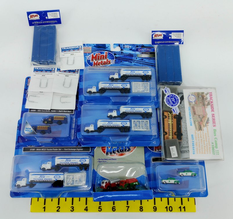 ASSORTED N SCALE MINI METALS TRUCKS, ATLAS CONTAINERS & TRAINWORX PARTS SOME OBS  INV 263332229