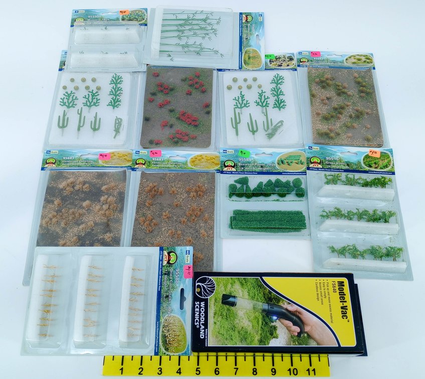ASSORTED JTT HO SCALE SCENERY PLANTS & GRASSLAND SHEETS W/ WOODLAND SCENICS MODEL-VAC, SOME OBS  INV 263332233