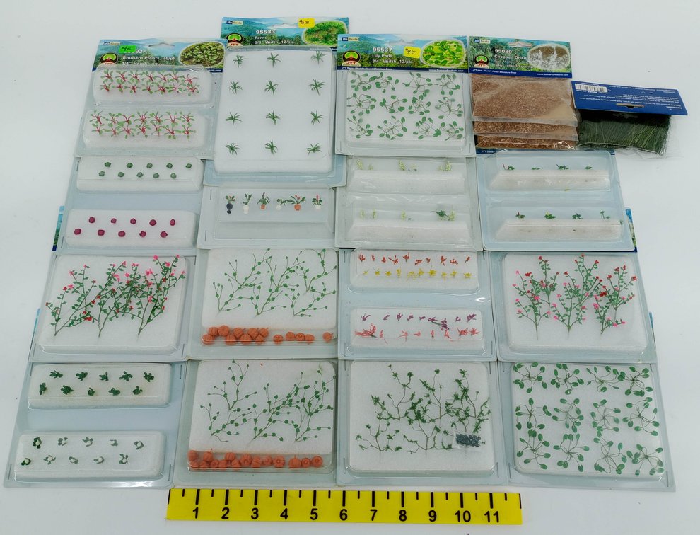 ASSORTED JTT HO SCALE SCENERY PLANTS, FERNS, LILY PADS & LEAVES, SOME OBS  INV 263332234