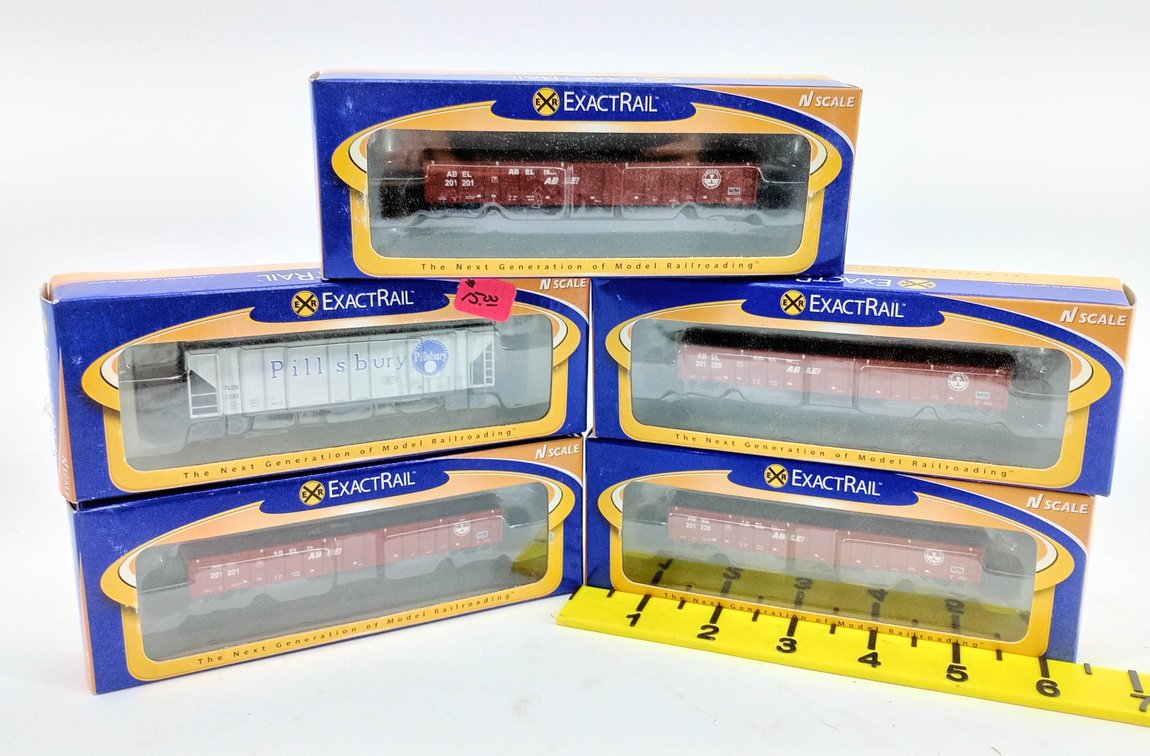 5 EXACTRAIL N SCALE AMHERST BELT LINES GONDOLAS & PILLSBURY GRAIN HOPPER, 5 OBS  INV 263332237