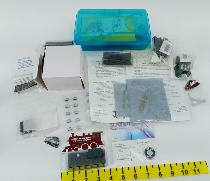 ASSORTED TCS DCC DECODERS SPEAKERS SOUNDTRAXX PARTS LEDS SWITCHES & AMHERST RAILWAY SOCIETY 2018 PINS IN CASE SOME OBS  INV 263332241