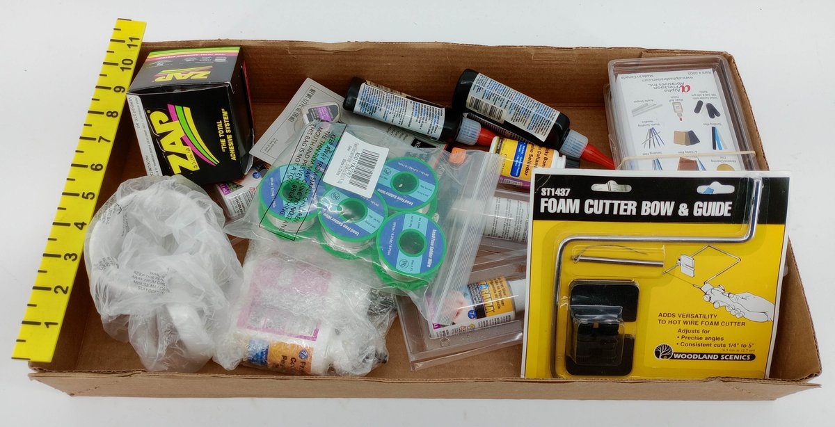 ASSORTED HOBBY SUPPLIES WOODLAND SCENICS FOAM CUTTER BOW & GUIDE ZAP ADHESIVE LEAD FREE SOLDER WIRE SOME OBS  INV 263332243