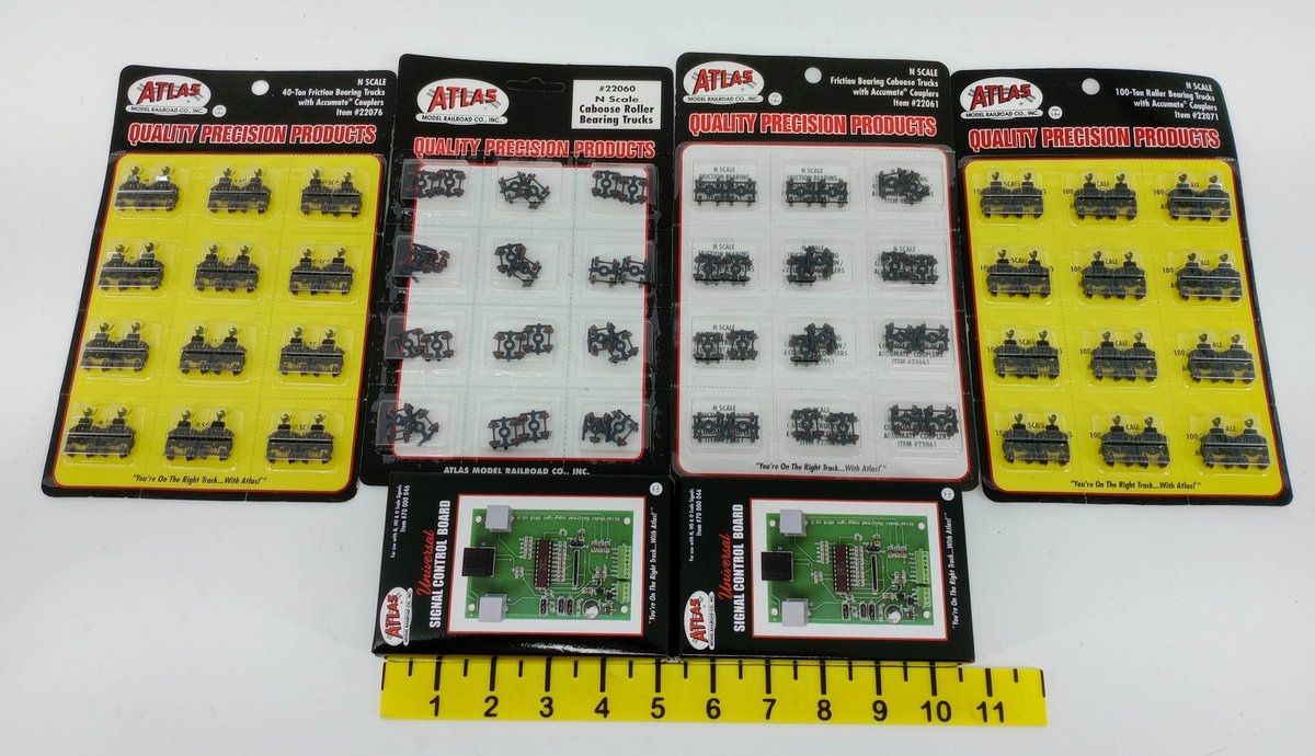 ATLAS N SCALE TRUCKS W/ ACCUMATE COUPLERS & 2 SIGNAL CONTROL BOARDS, ASSORTED CARDS NOS INV 263332247