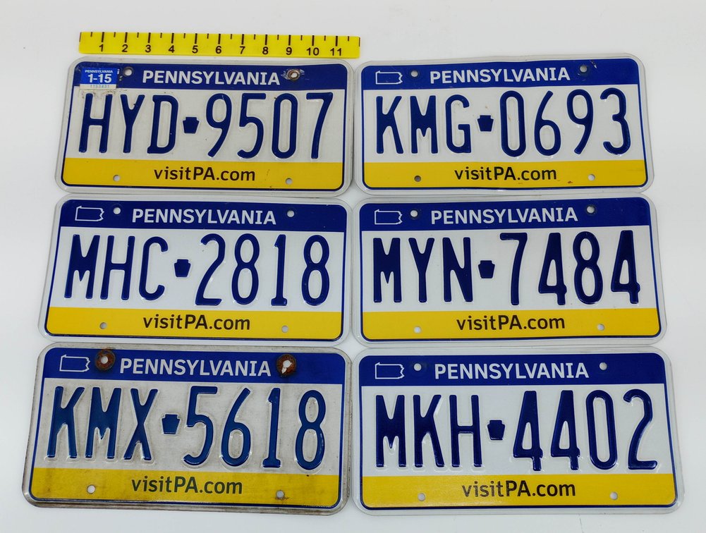 6 PENNSYLVANIA LICENSE PLATES BLUE & YELLOW VISITPA.COM HYD KMG MHC MYN KMX MKH  INV 260350026