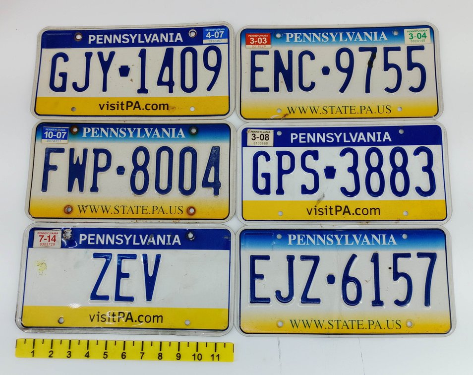 6 PENNSYLVANIA LICENSE PLATES GJY-1409 ENC-9755 FWP-8004 GPS-3883 ZEV EJZ-6157 2003-2014 TAGS  INV 260350028