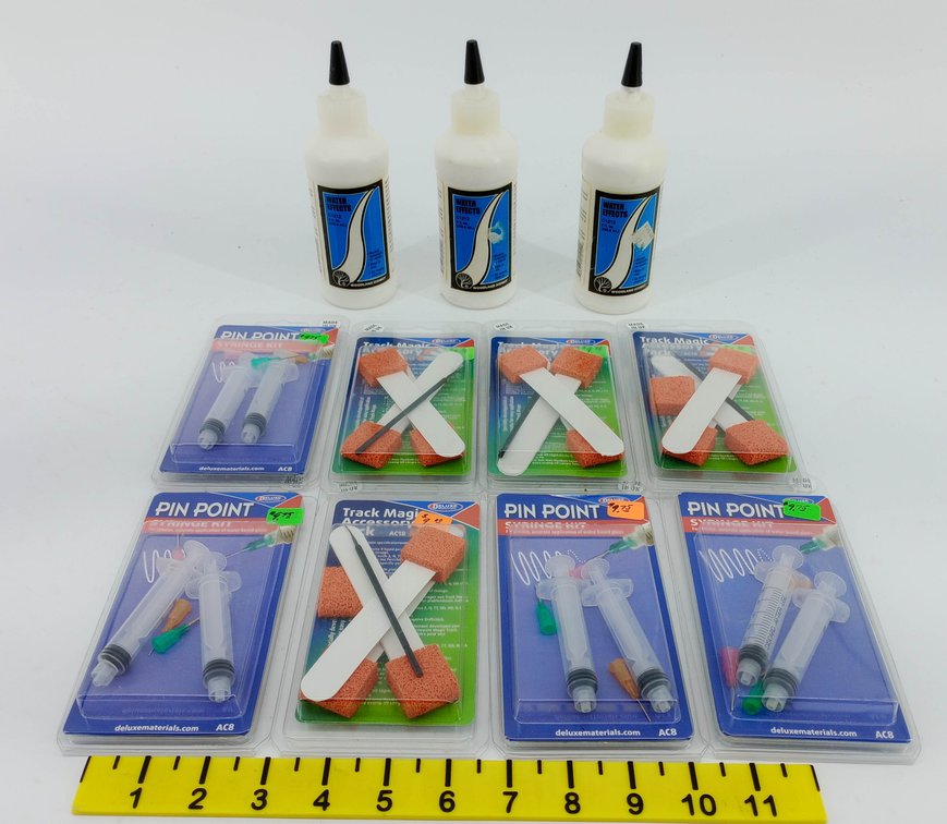 **NO SHIPPING** ASSORTED WOODLAND SCENICS WATER EFFECTS, DELUXE PIN POINT SYRINGE KITS & TRACK MAGIC PACKS INV 263332250