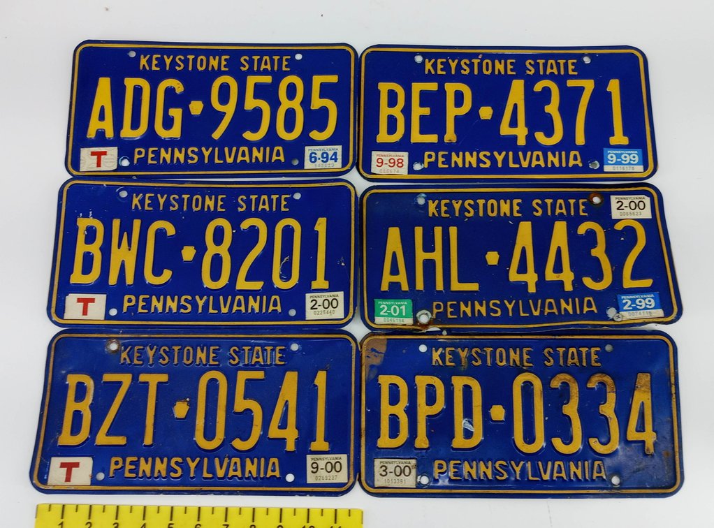 6 PENNSYLVANIA KEYSTONE STATE BLUE & YELLOW LICENSE PLATES 1994-2001 STICKERS  INV 260350029
