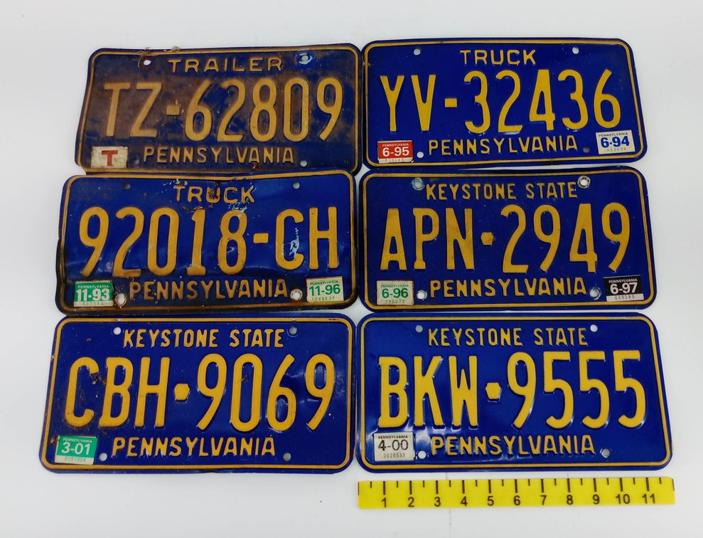 6 PENNSYLVANIA LICENSE PLATES TRUCK TRAILER & KEYSTONE STATE BLUE & YELLOW 1993-2001 STICKERS  INV 260350030