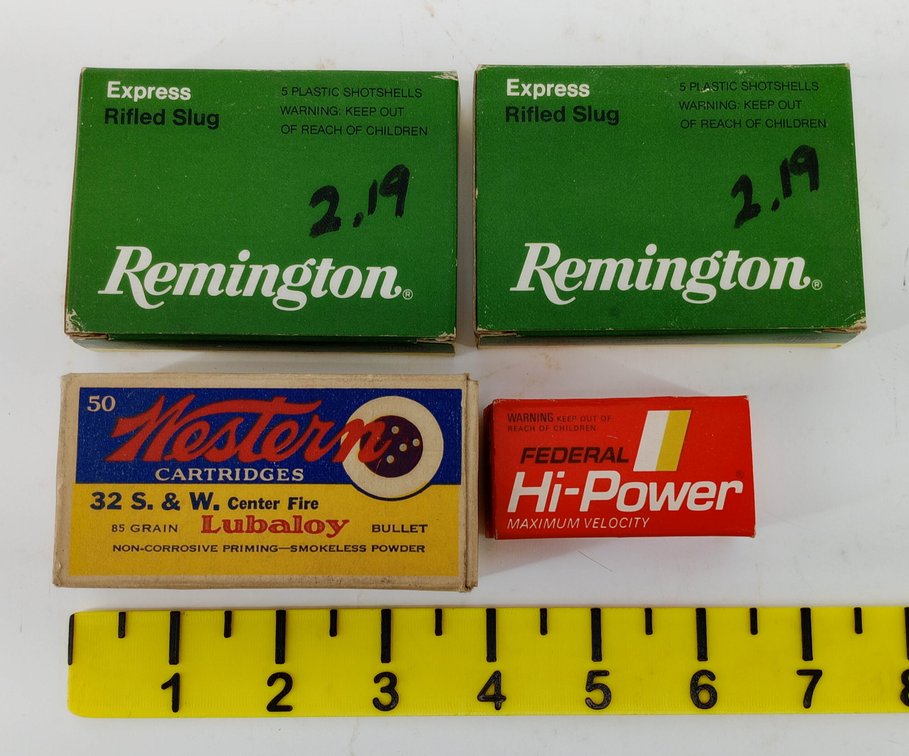 4 BOXES AMMO 2 REMINGTON 20GA RIFLED SLUG WESTERN 32 S&W FEDERAL HI-POWER 22 SHORT HP  INV 260350035