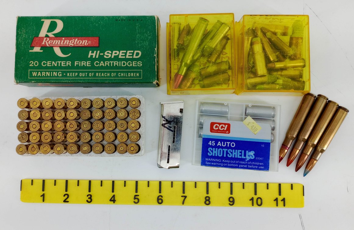 ASSORTED AMMUNITION REMINGTON 32 REM CORE-LOKT CCI 45 AUTO SHOTSHELLS RIFLE CARTRIDGES & MAGAZINE SOME OBS  INV 260350038