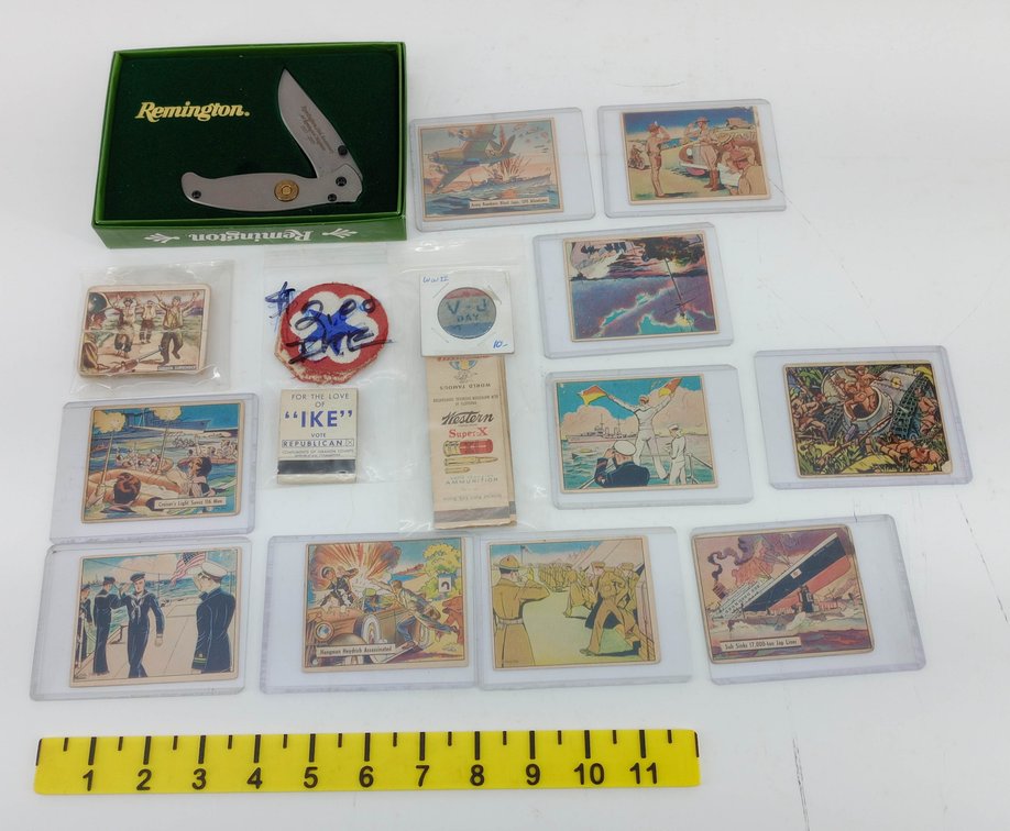 REMINGTON 44 MAGNUM 50TH ANNIVERSARY KNIFE OB, WWII GUM CARDS, 8TH ARMY PATCH, V-J DAY PIN & IKE MATCHBOOK  INV 260350039