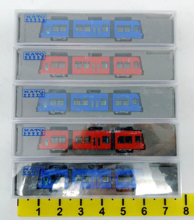 5 KATO N GAUGE 14-805 MYTRAM UNITRAM TRAMS, 3 BLUE & 2 RED, 5 OBS INV 263332260