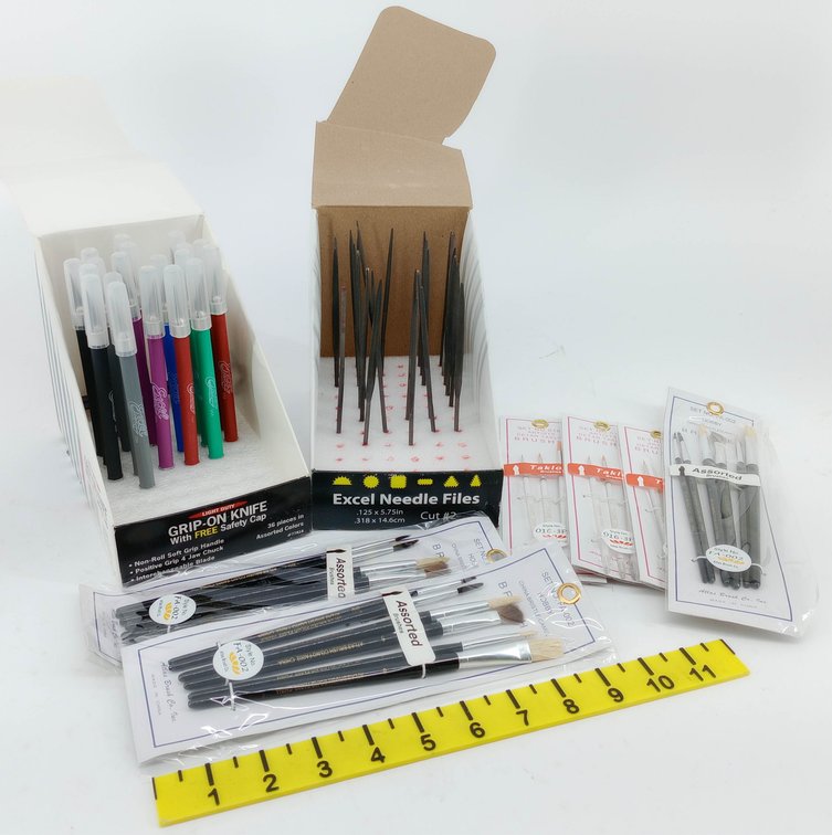 EXCEL GRIP-ON KNIVES & NEEDLE FILES CUT 2 WITH ATLAS BRUSH CO ASSORTED & TAKLON BRUSH SETS 2 OB INV 263332263