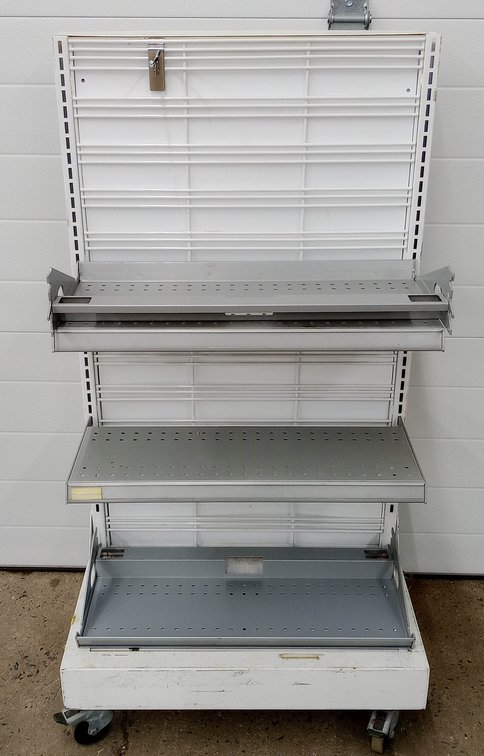 ROLLING STORE DISPLAY SHELVING UNIT WHITE WIRE BACK PANEL 3 GRAY METAL PERFORATED SHELVES & SLATWALL HOOK ON CASTERS INV 263332268