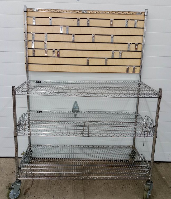 CHROME WIRE SHELVING CART 3 TIER ON CASTERS WITH SLATWALL BACK PANEL & HOOKS INV 263332270