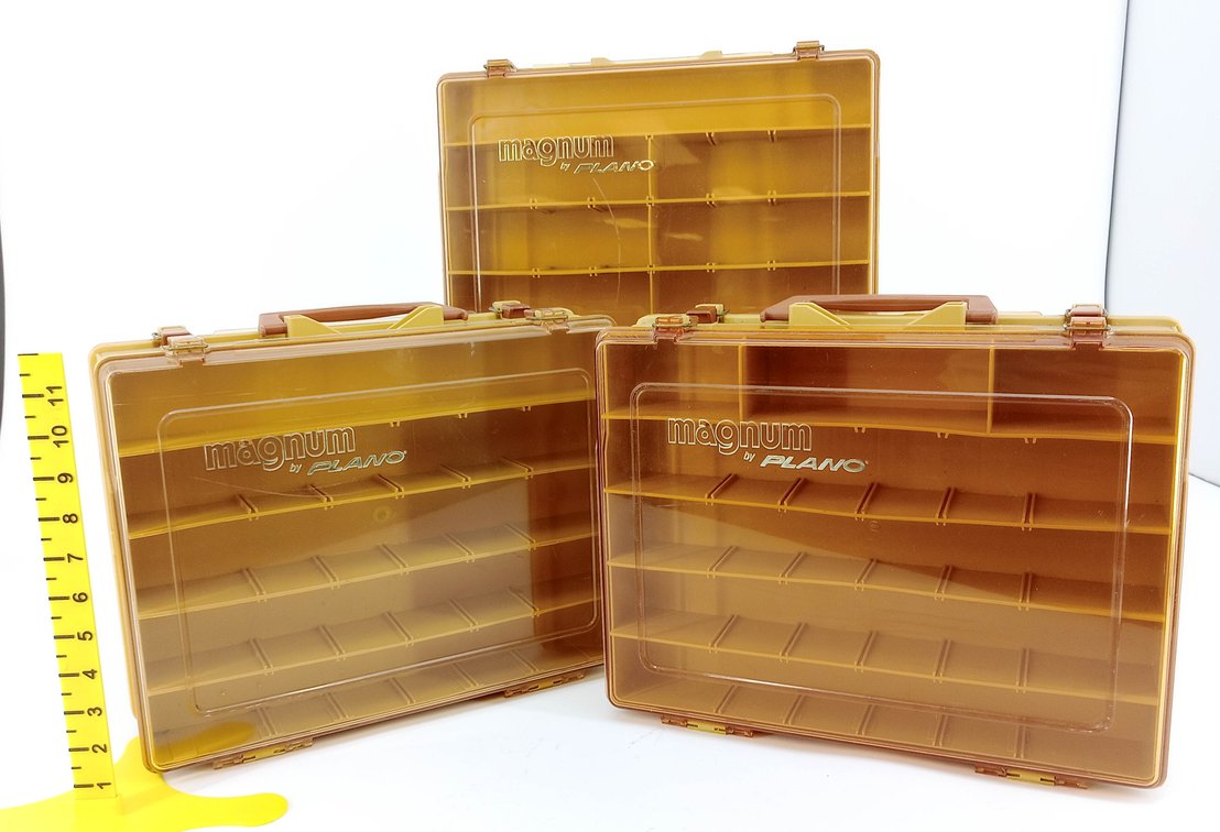 3 MAGNUM BY PLANO DOUBLE-SIDED TACKLE BOX ORGANIZERS AMBER PLASTIC WITH ADJUSTABLE DIVIDERS  INV 260670011