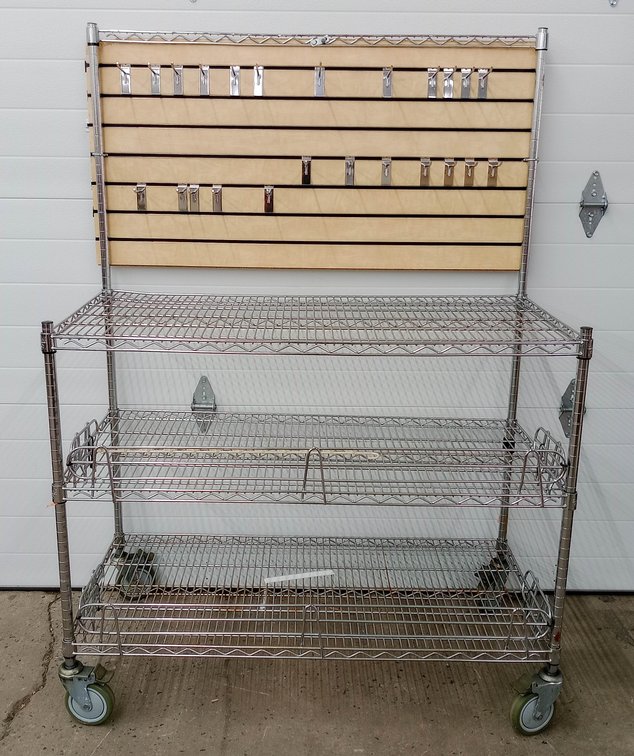 CHROME WIRE SHELVING CART 3 TIER ON CASTERS WITH SLATWALL PANEL BACK & ASSORTED HOOKS INV 263332272
