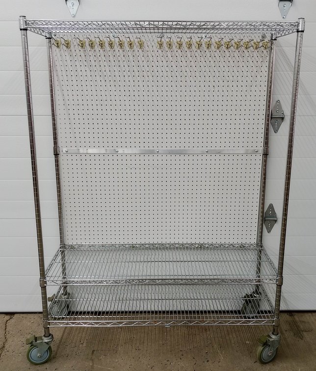 CHROME WIRE SHELVING CART ON CASTERS WITH PEGBOARD BACK PANEL & HOOKS INV 263332274