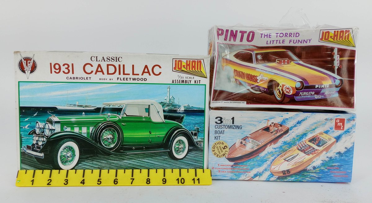 3 JO-HAN & AMT MODEL KITS 1931 CADILLAC CABRIOLET PINTO FUNNY CAR 3 IN 1 CUSTOMIZING BOAT NNC 3 OB  INV 262350027
